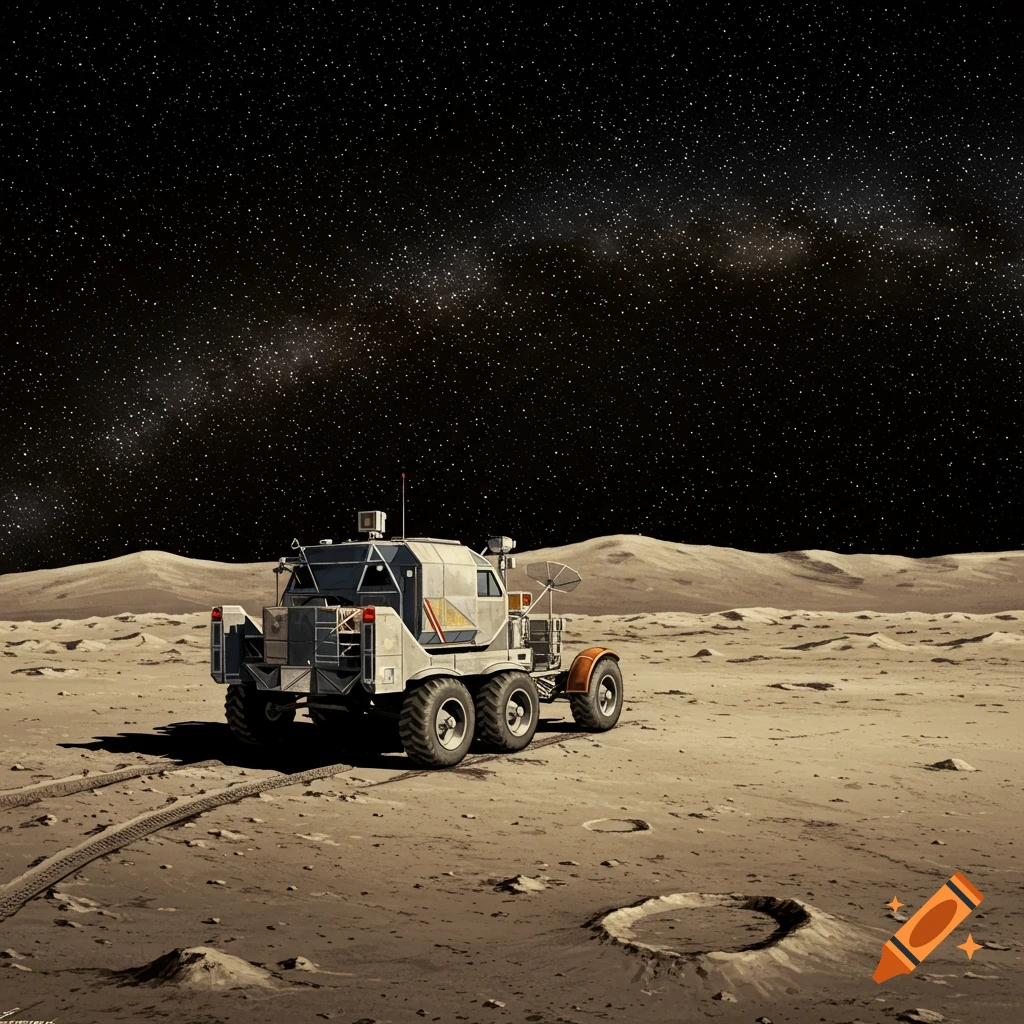 A rover on the moon under a star-filled sky.