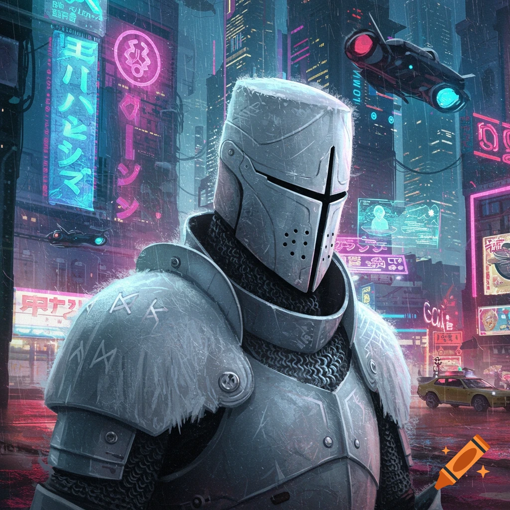 A knight in armor and helmet stands in a rainy cyberpunk city with neon signs and flying vehicles.