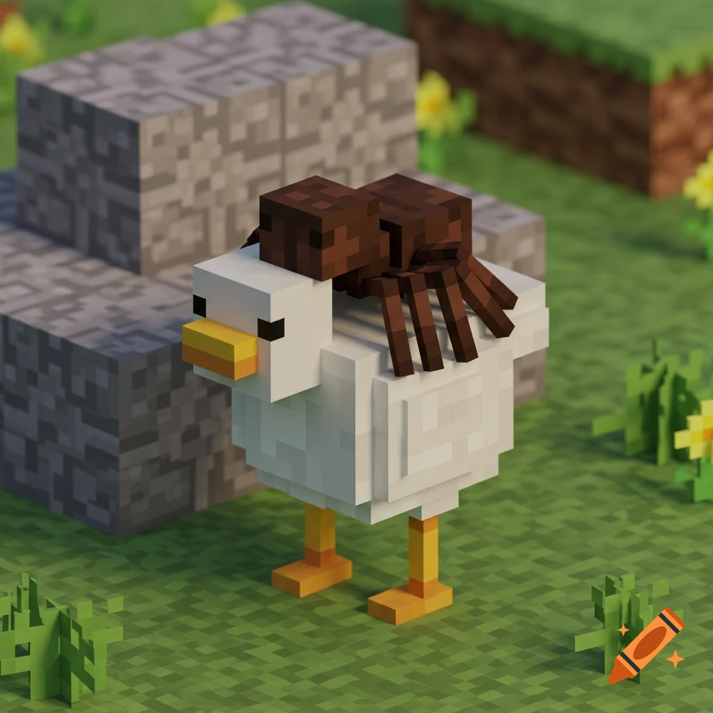 A blocky chicken with a blocky spider on its back in a grassy blocky landscape.