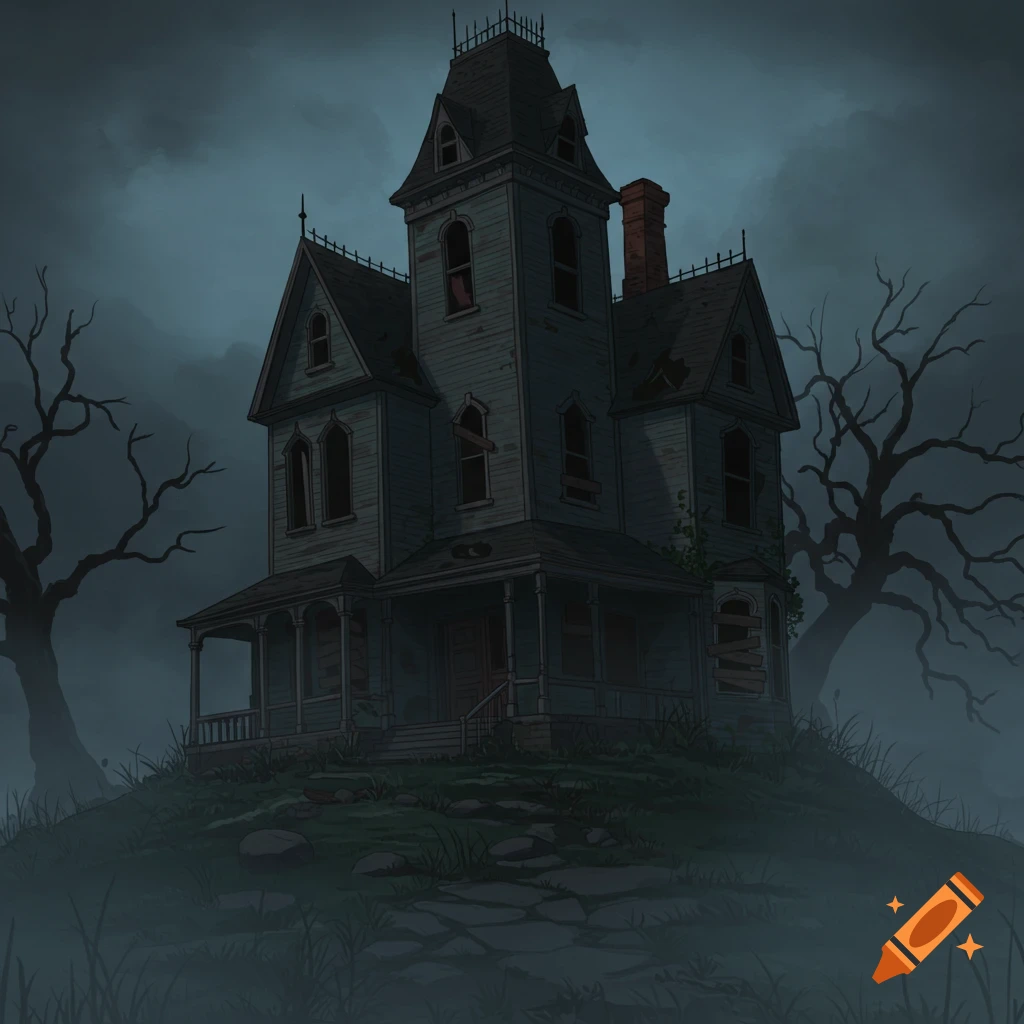 A spooky haunted house on a misty hill with bare trees.