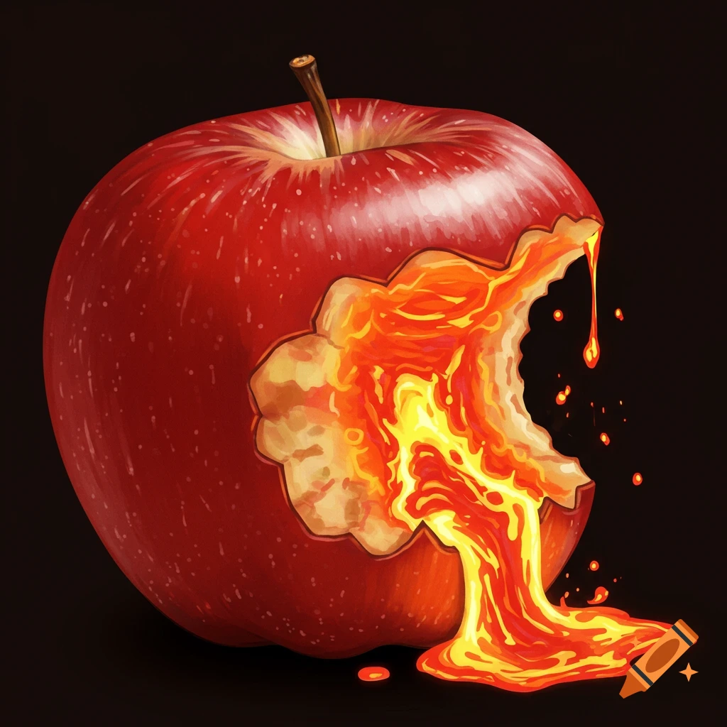 A red apple with a bite mark filled with flowing lava
