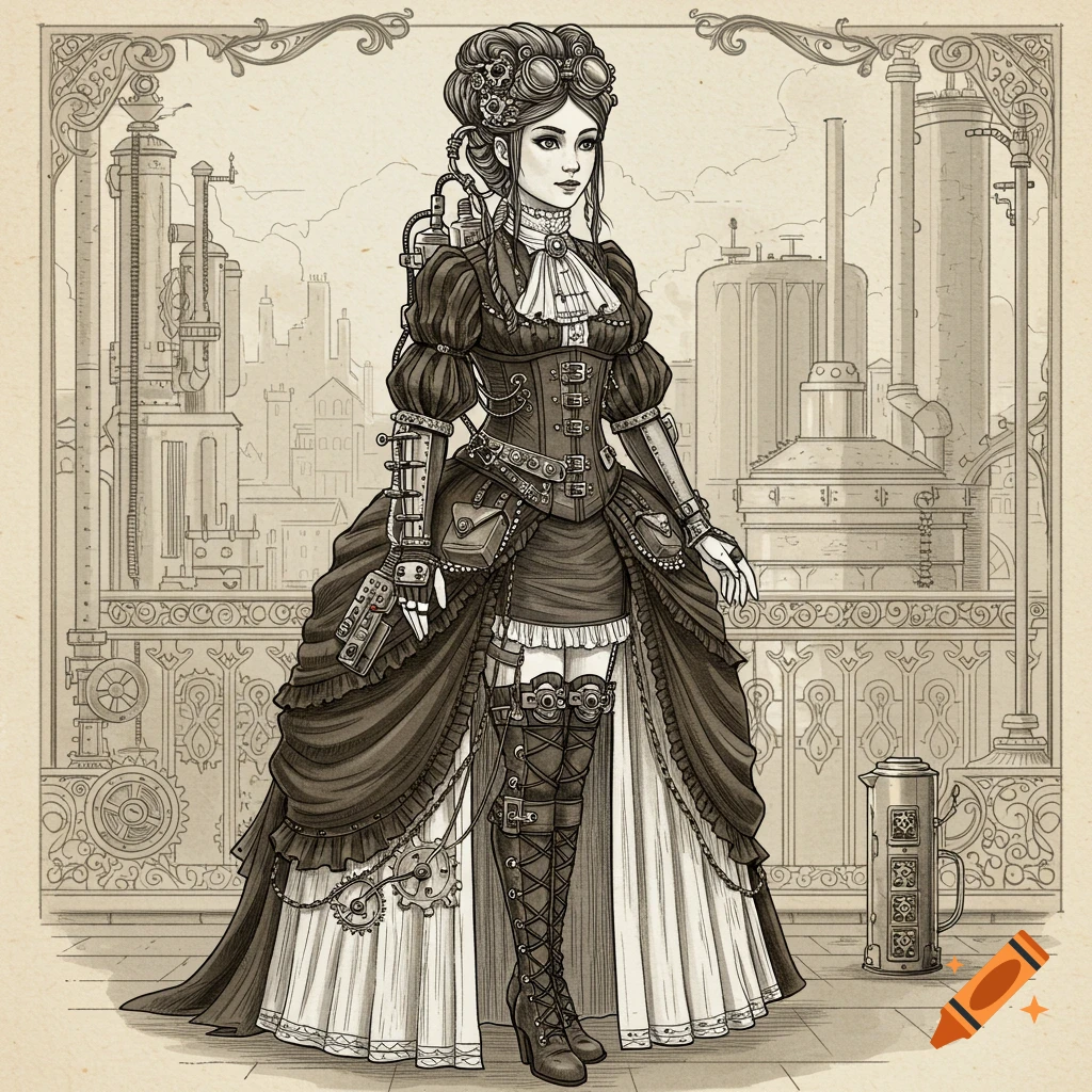 Line drawing of a girl in elaborate Victorian steampunk clothing with goggles and gear accessories, standing against an industrial cityscape background.