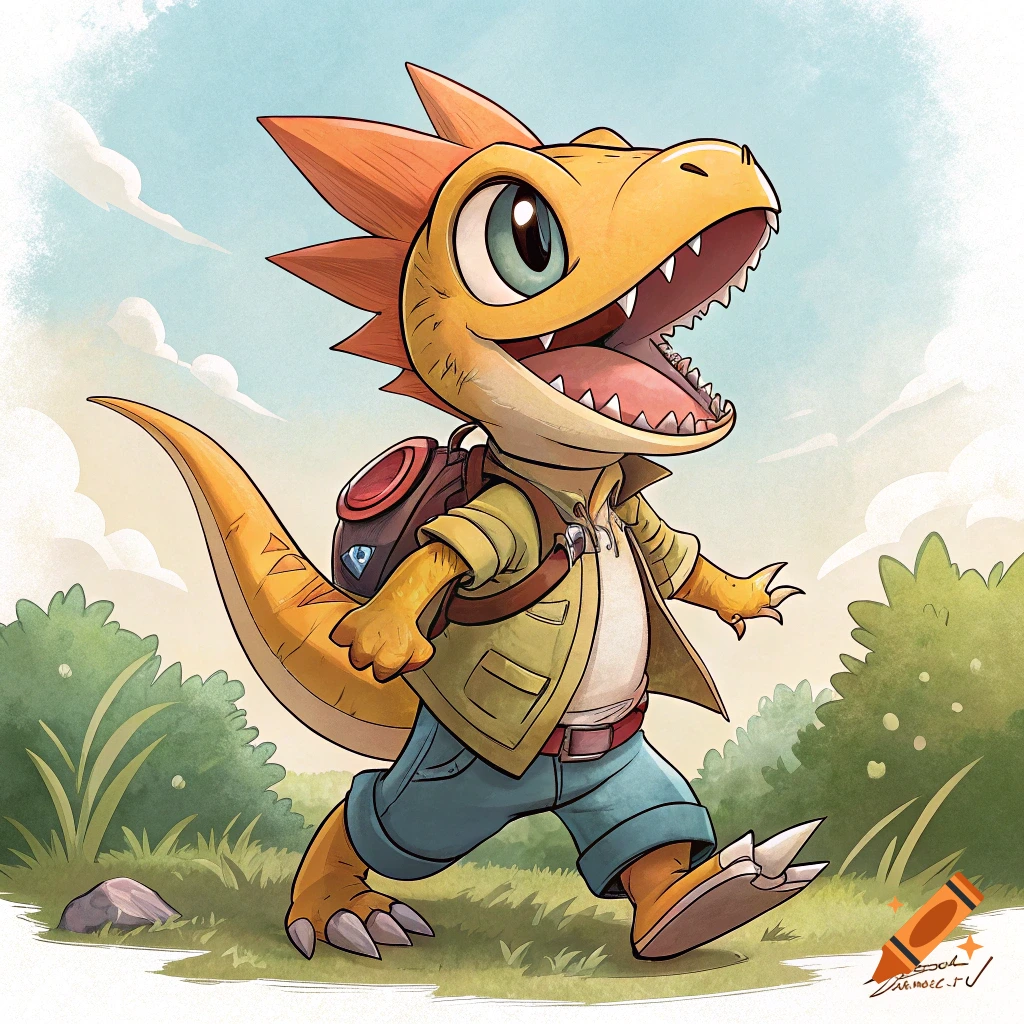 A cartoon orange dinosaur-like character with a backpack walks through a field in a Chuck Jones style.