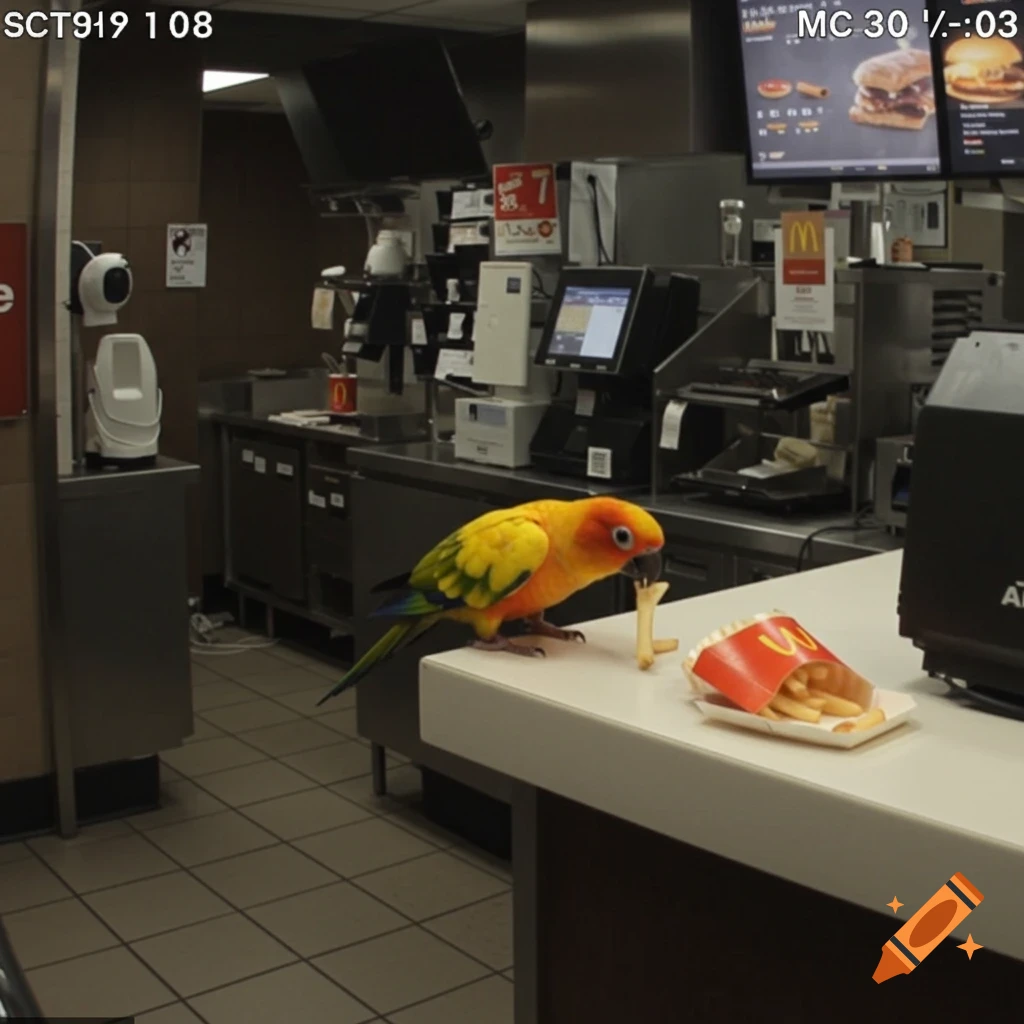 CCTV footage of a sun conure bird on a counter with french fries at a McDonald's restaurant.