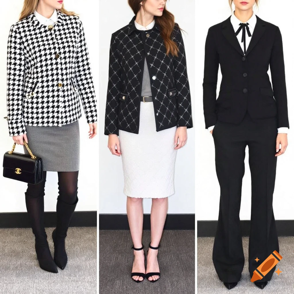 Three women model business casual outfits: houndstooth jacket with skirt, patterned jacket with white skirt, and a black suit.