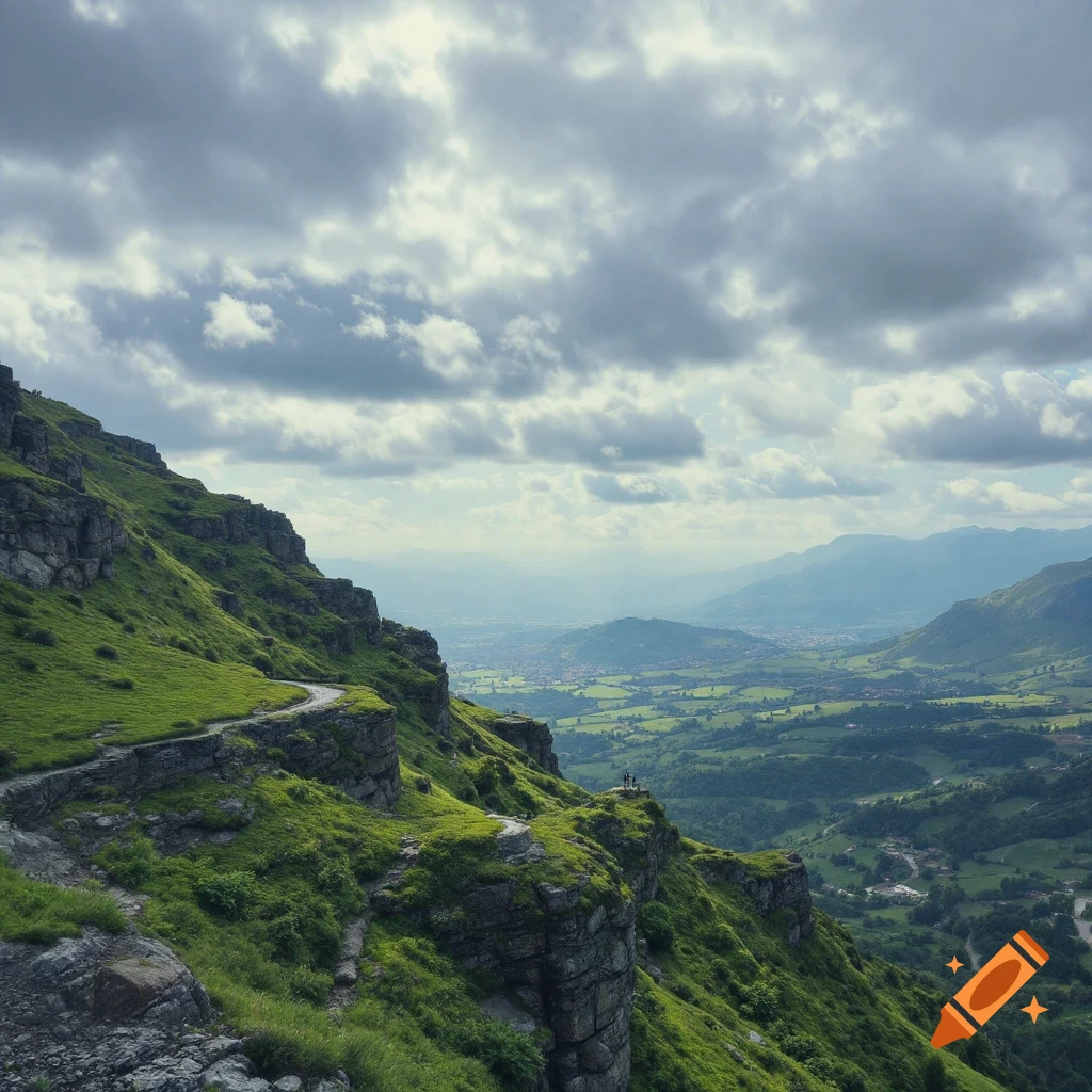 Mountain path winds up a steep grassy slope overlooking a valley under cloudy skies. Two people stand on a ledge.