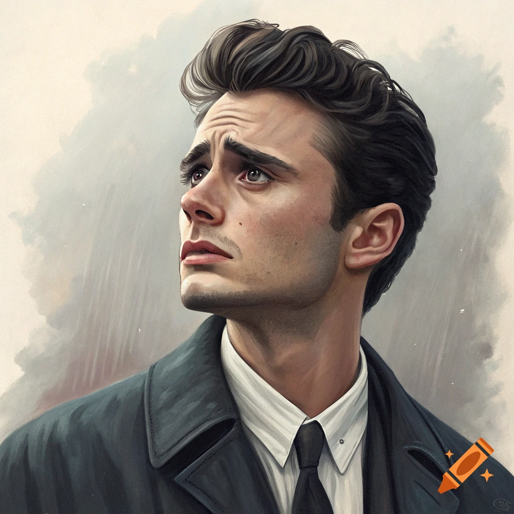 Painterly portrait of a young man in a suit coat, shirt, and tie, looking upwards with a worried expression.