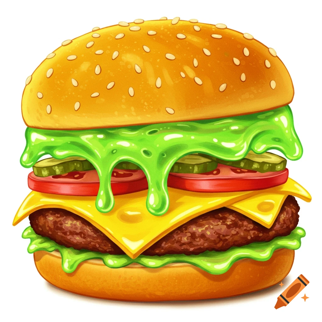 A cartoon hamburger with green slime dripping.