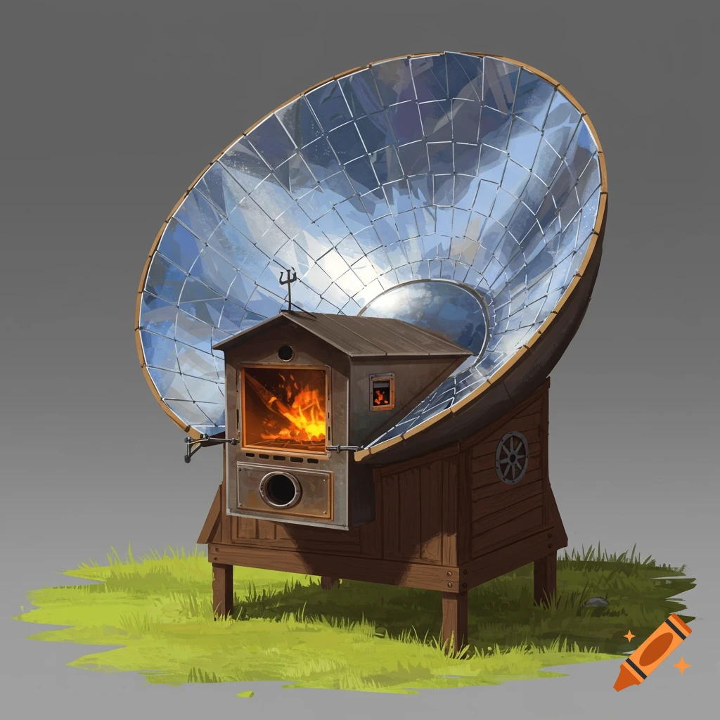 Structure with a large parabolic solar reflector and a firebox.