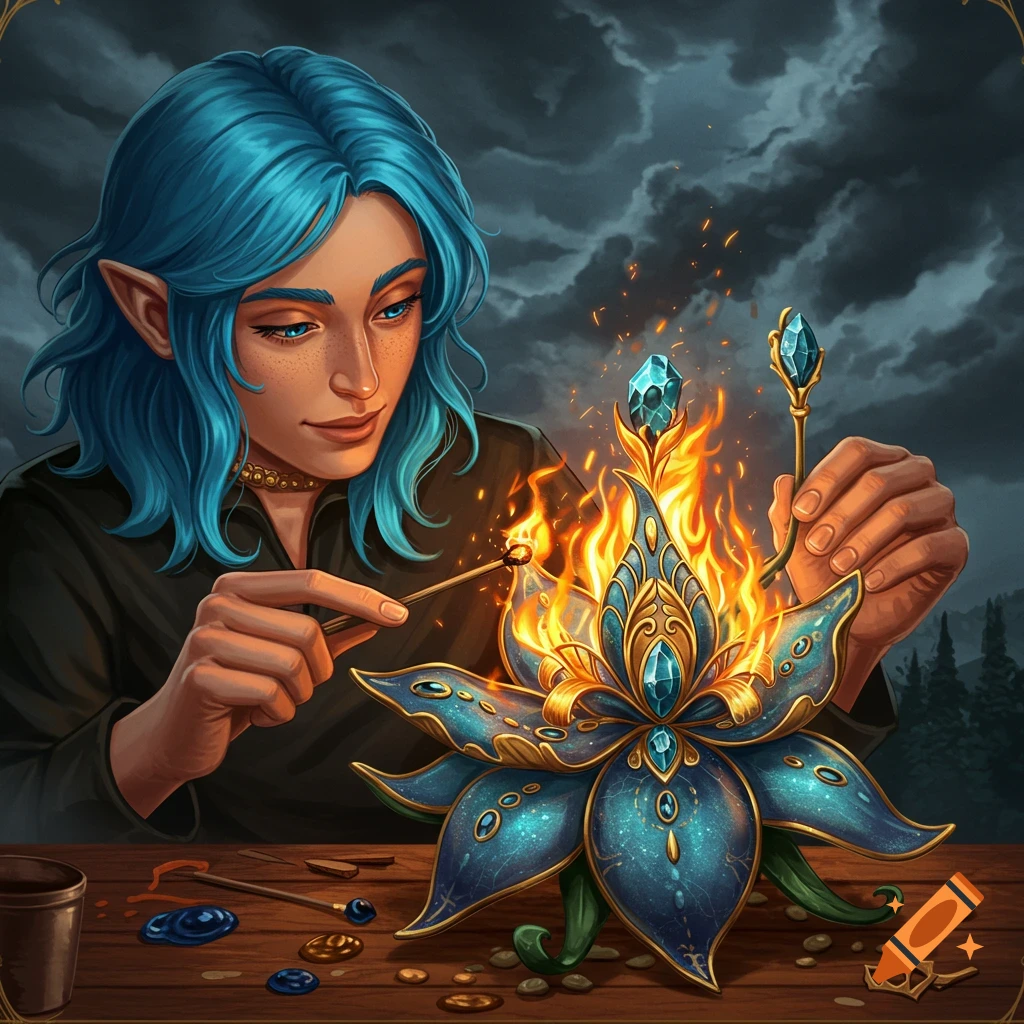 An elf creating a jeweled flower that is on fire.