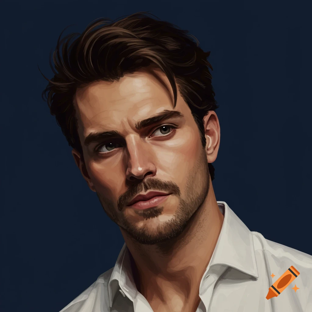 A man with dark hair and a beard wearing a white shirt, looking up and to the left against a dark blue background.