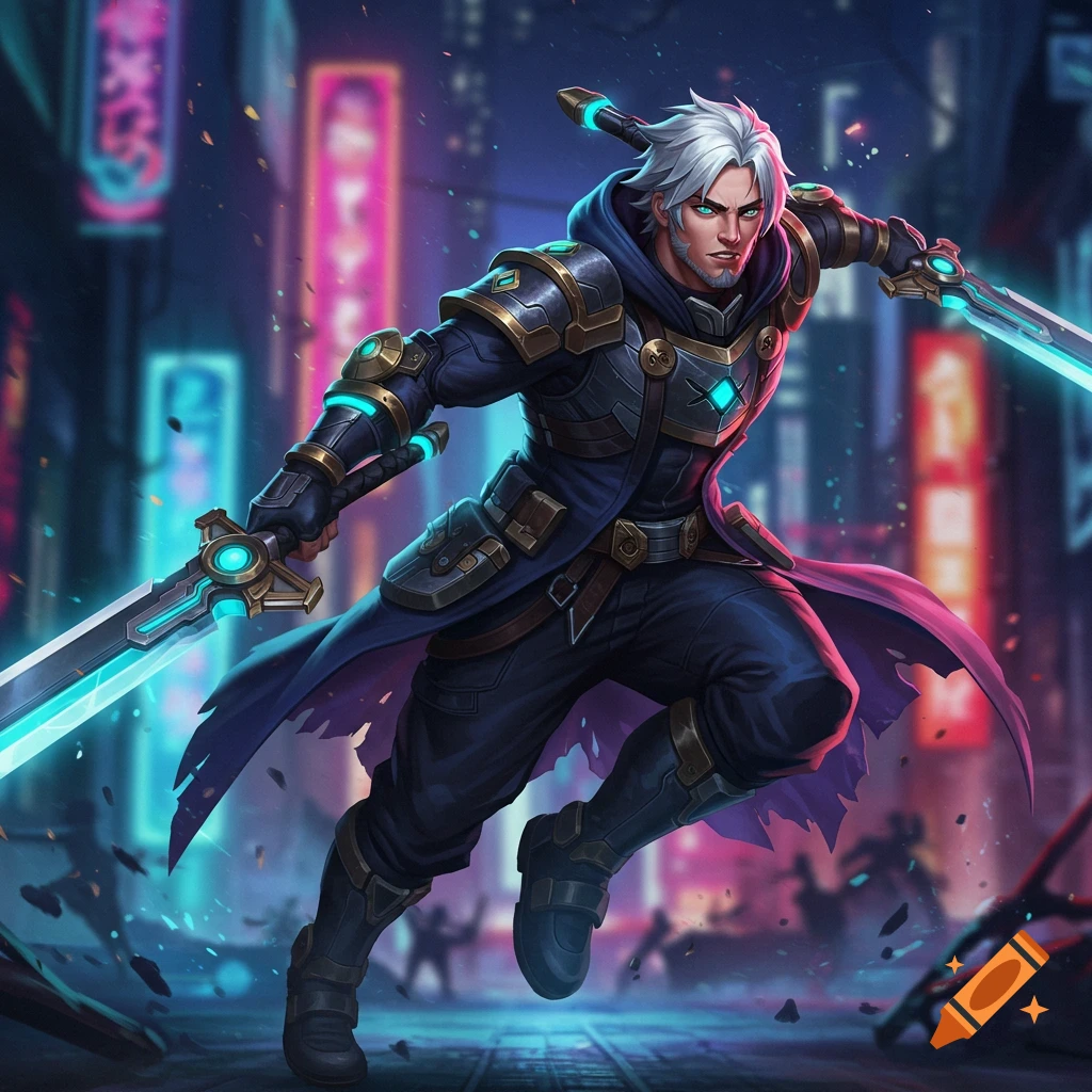 A male character with white hair, a blue coat, and glowing swords is shown jumping in a futuristic city.