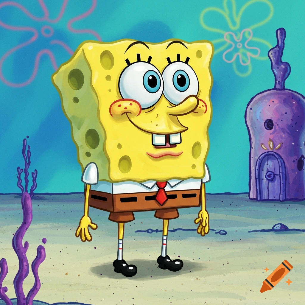 Spongebob Squarepants standing underwater, cartoon style.