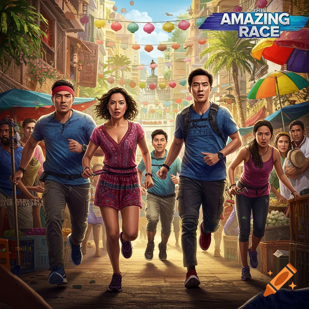 People are running through a crowded street filled with lanterns, inspired by The Amazing Race.