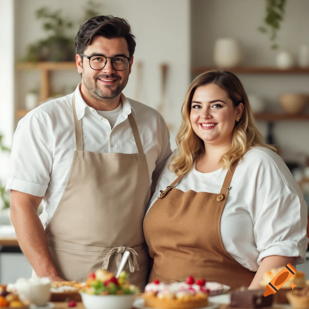 A man and woman in aprons stand behind a table of desserts in a kitchen, smiling.