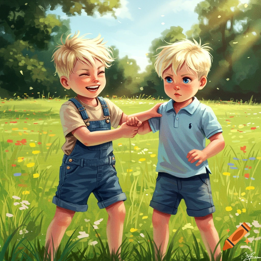 Two young boys playing in a sunny meadow.