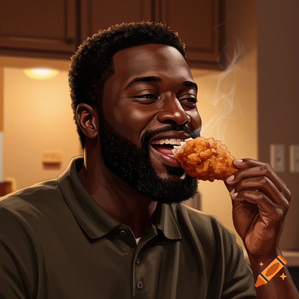 A Black man happily eats a piece of fried chicken.