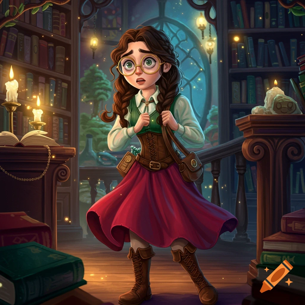 A nervous female student with glasses in a magical library