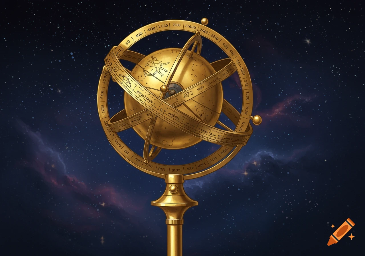 A golden armillary sphere against a starry space background.