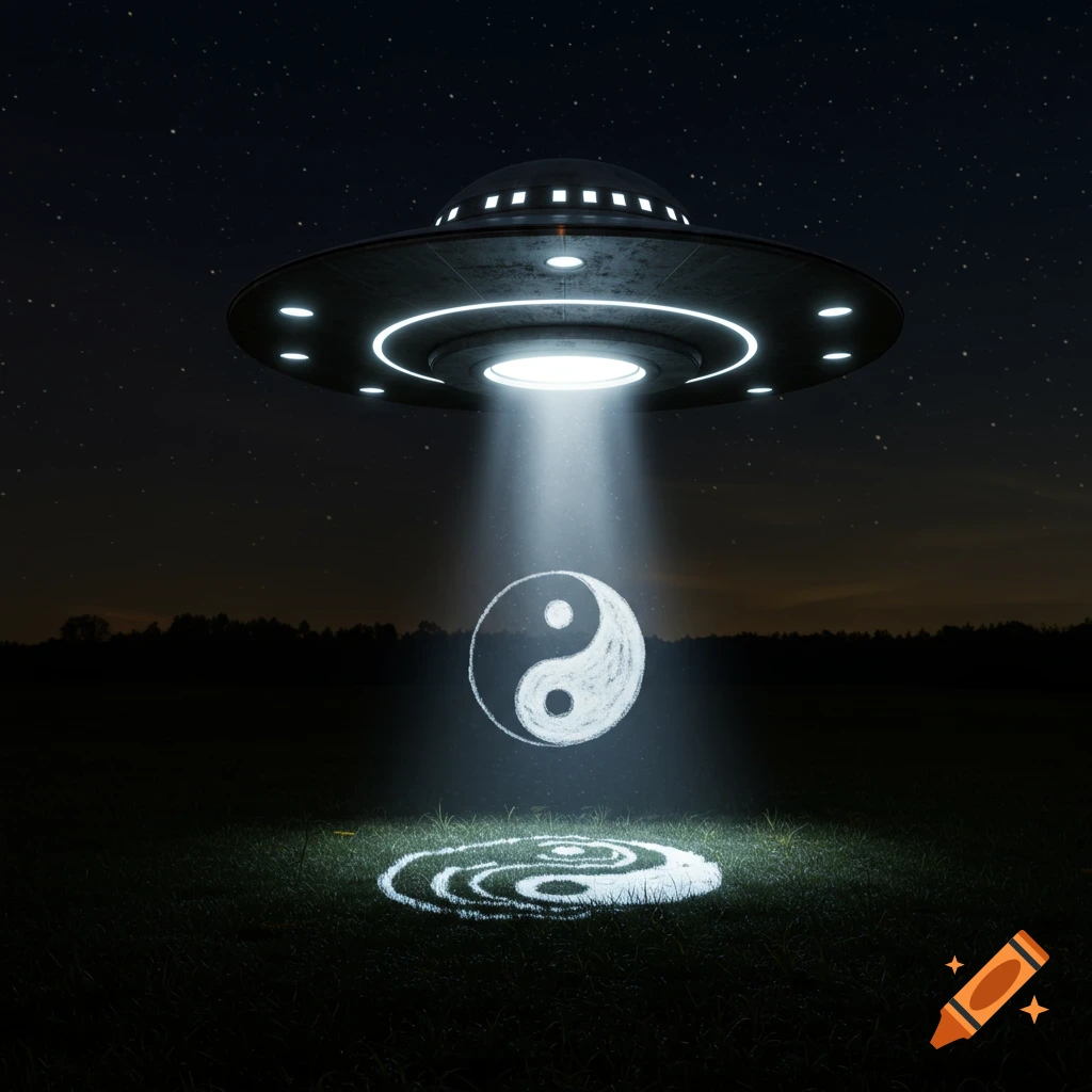 A UFO hovers over a field at night, beaming light onto a yin yang symbol drawing on the grass.
