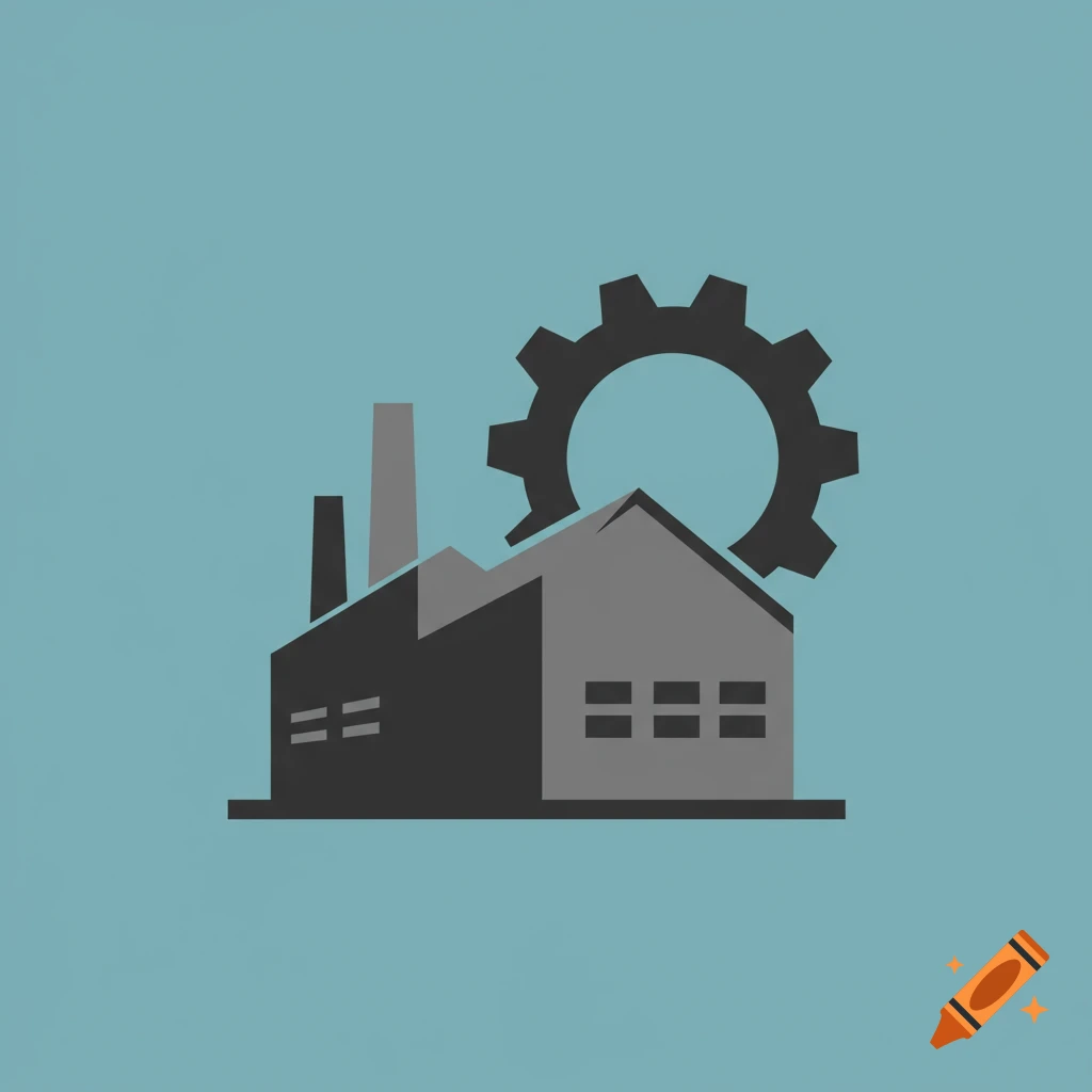 A simple logo illustration of a factory building with smokestacks and a large gear above it on a blue background.