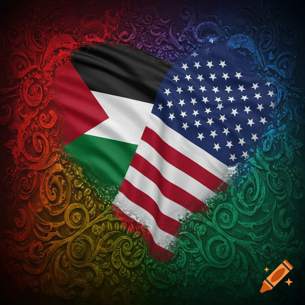 Flags of Palestine and the USA merged in a heart shape against a colorful, ornate background.
