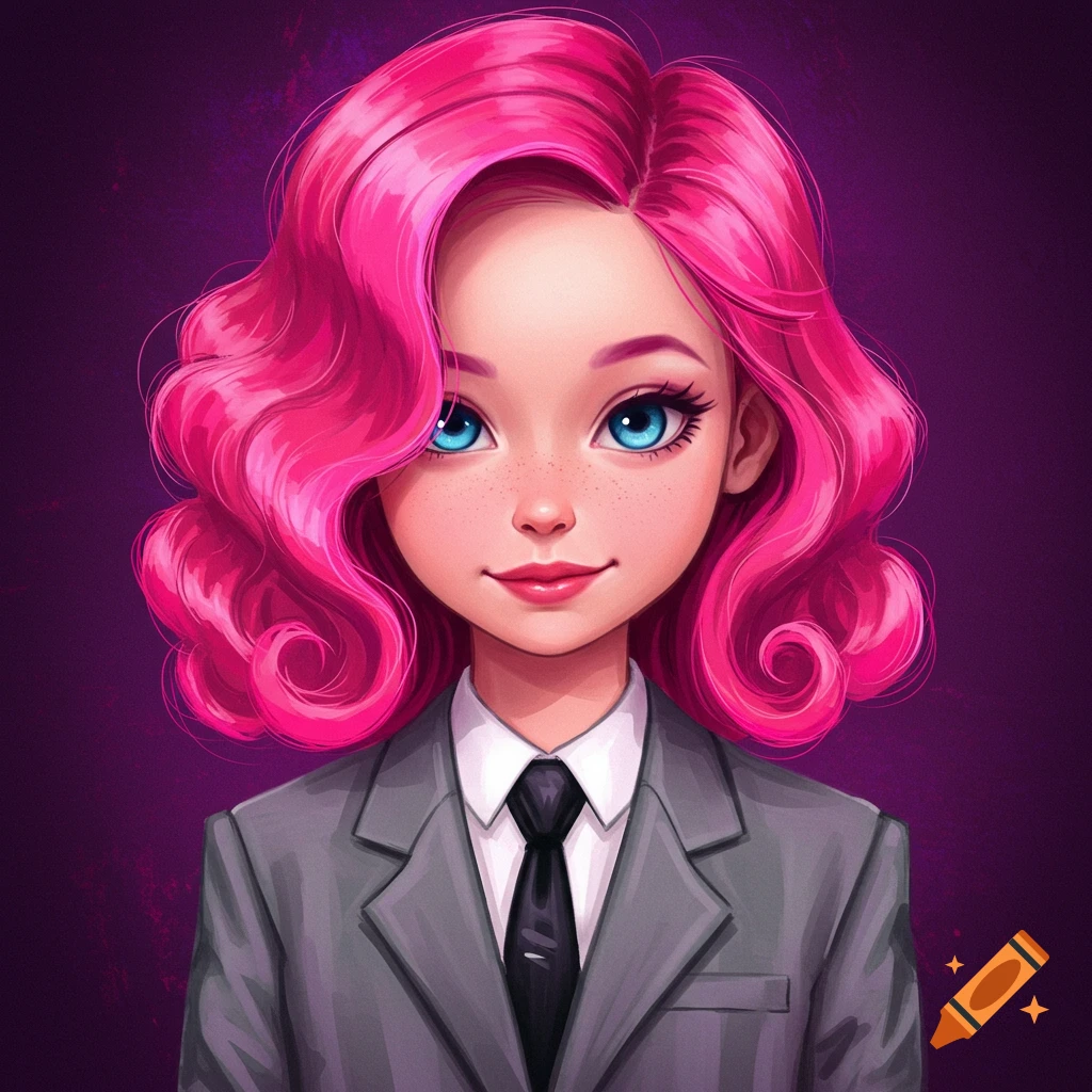 Stylized digital portrait of a girl with bright pink curly hair, blue eyes, in a grey suit and black tie against a purple background.