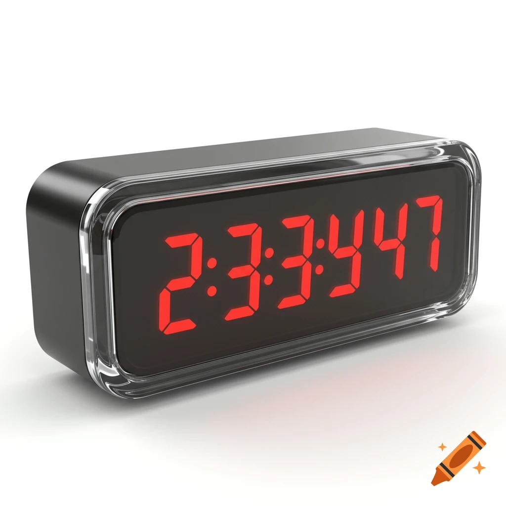 A black digital alarm clock displays the time 2:33:47 in red LED numbers.
