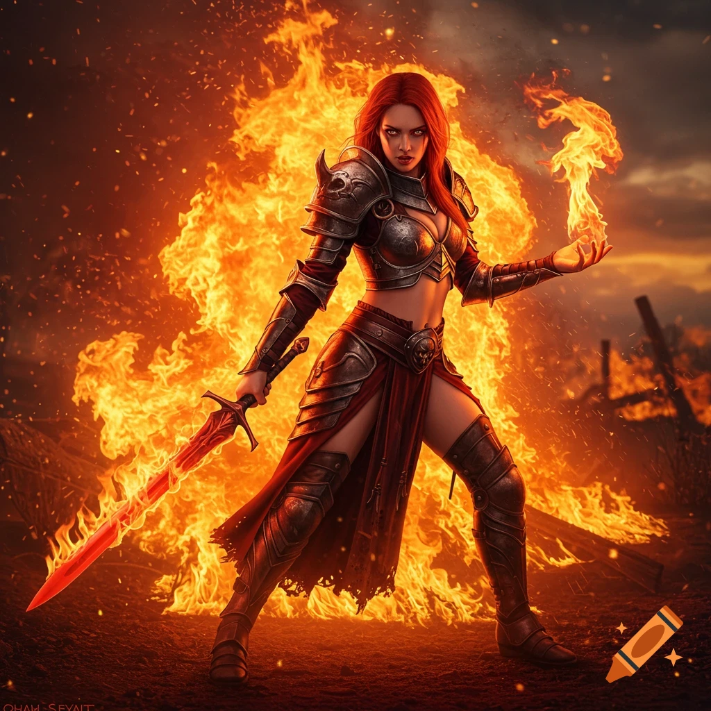 A female warrior in fantasy armor stands with a flaming sword and fire in her hand against a backdrop of fire.