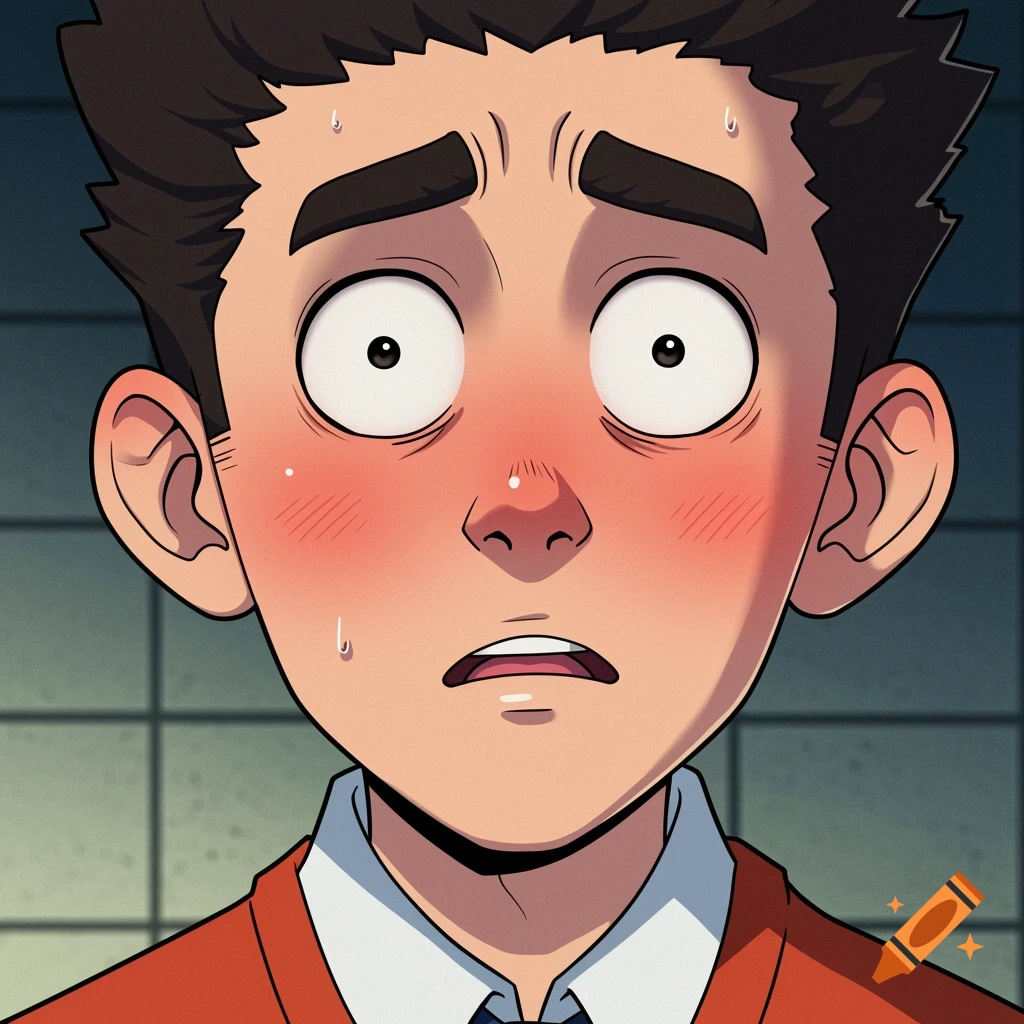 Close-up anime style illustration of a character's shocked or embarrassed face.