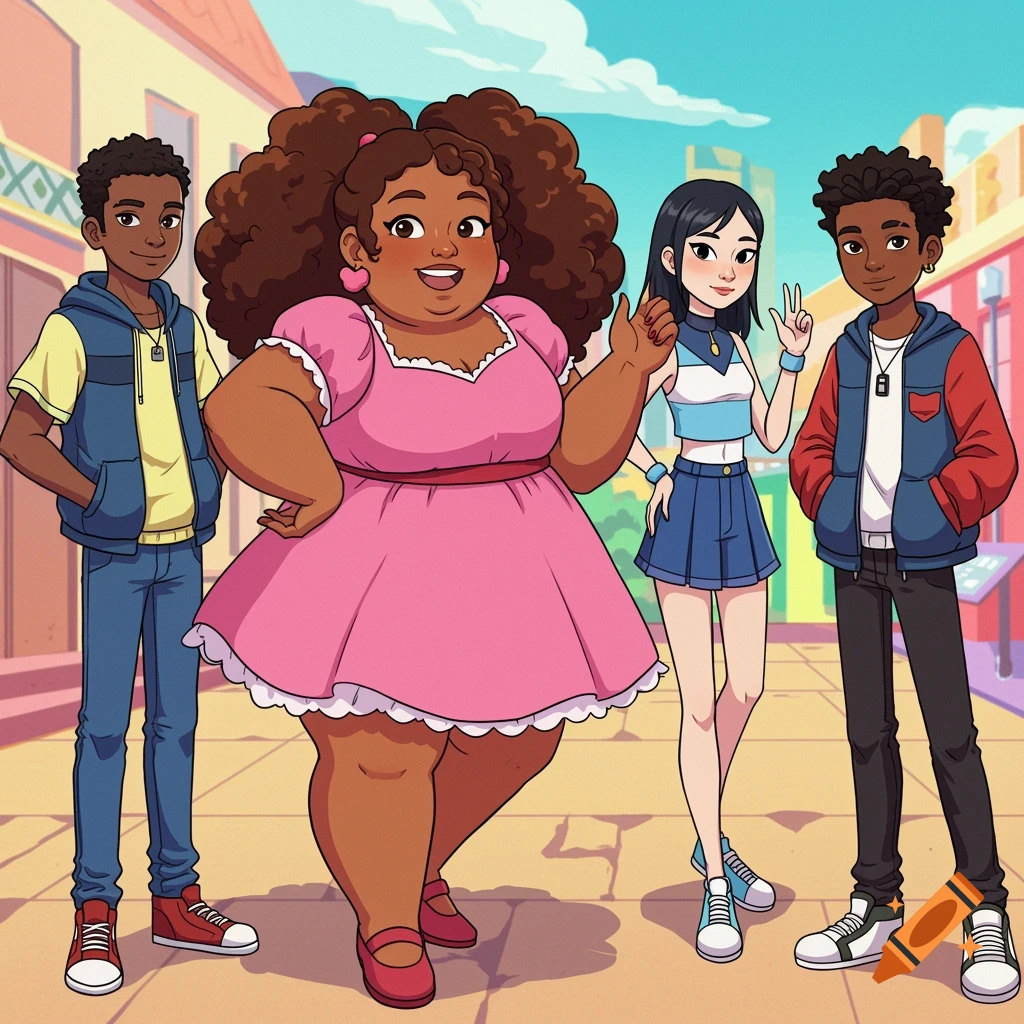 Four diverse friends in anime style standing on a street.