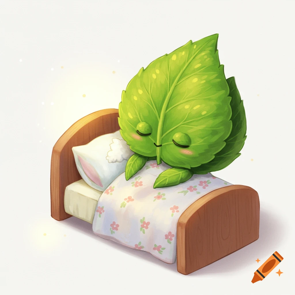 Cute cartoon leaf character sleeping in a small bed with a floral blanket.