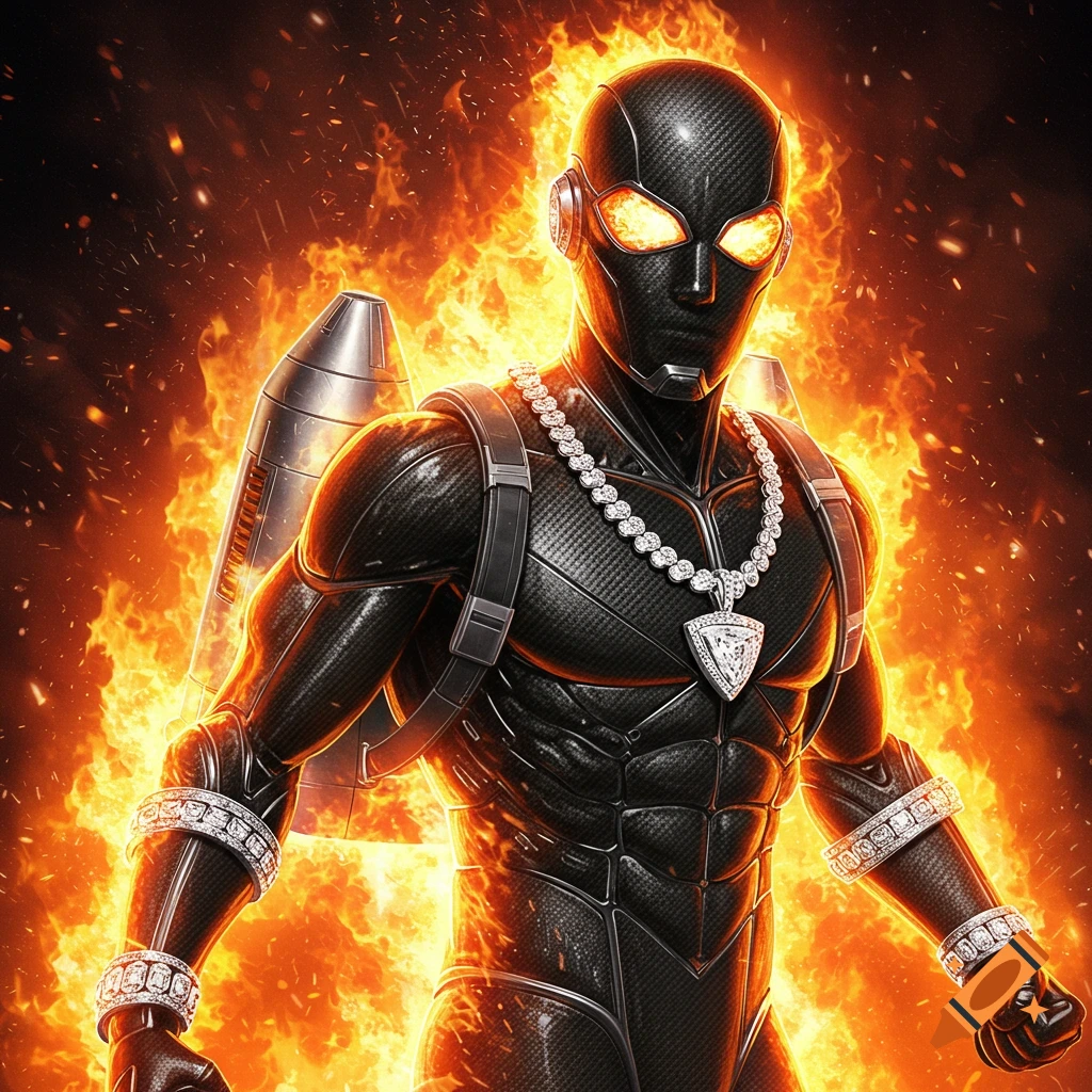 A carbon superhero with diamond jewelry and jetpack is surrounded by fire.