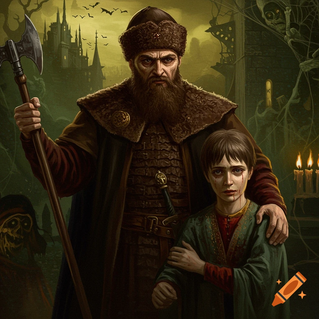 Illustration of a man with an axe standing over a boy with blood streaks on his face, in front of a spooky castle.