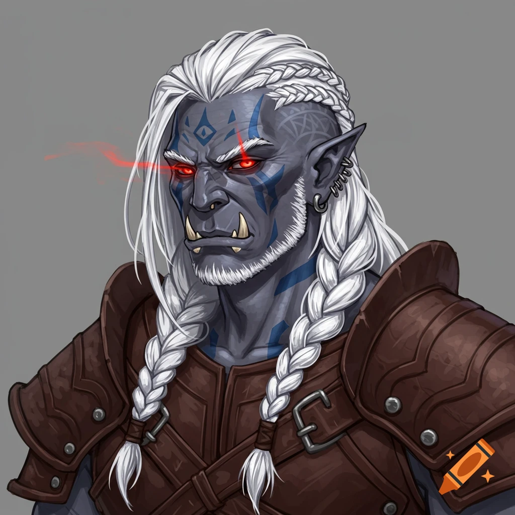 Drawn portrait of a half-orc character with white braided hair, grey skin, blue tribal tattoos, red eyes, and leather armor.