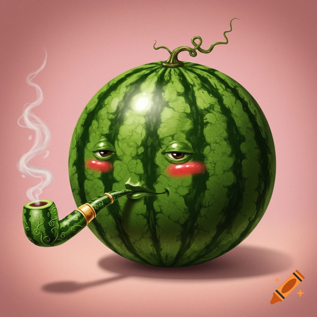 A watermelon with a face is smoking a pipe.