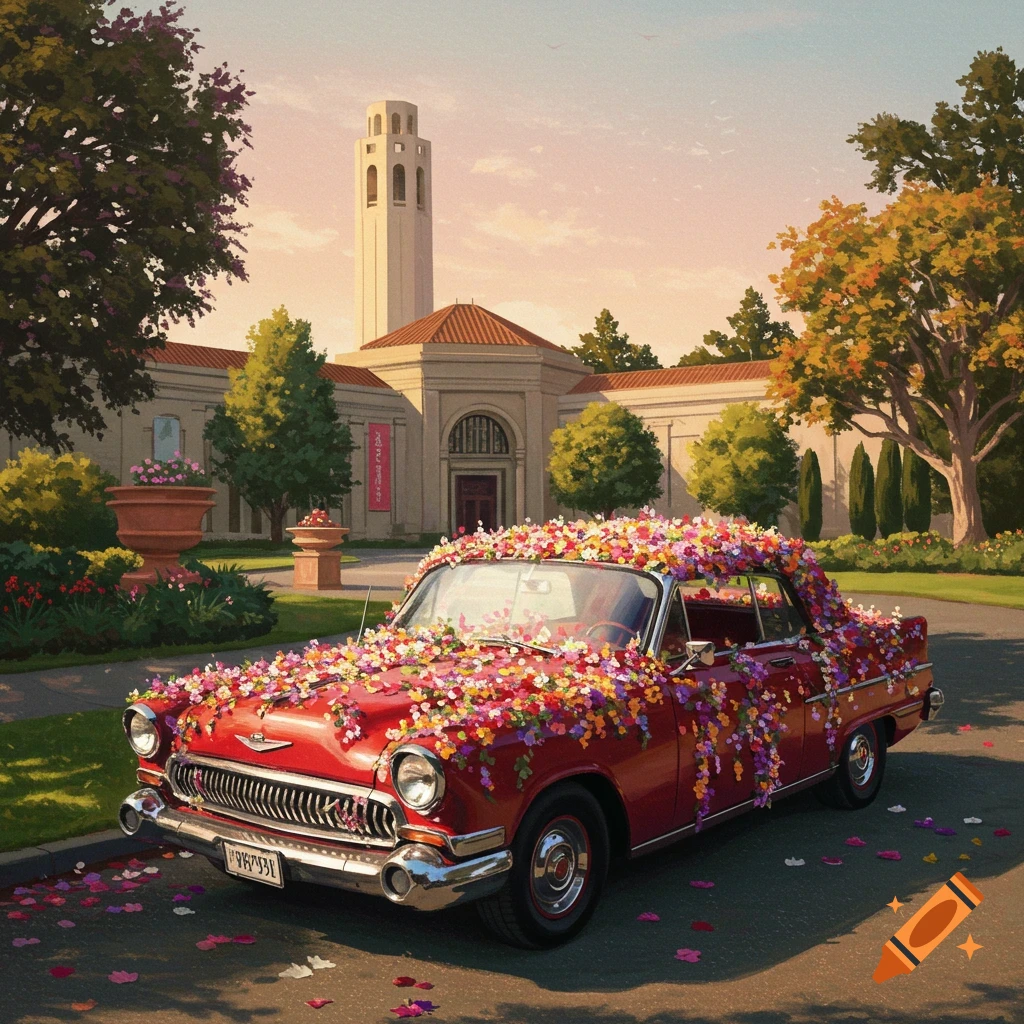 A red vintage car covered in colorful flowers is parked in front of a building with a tower.