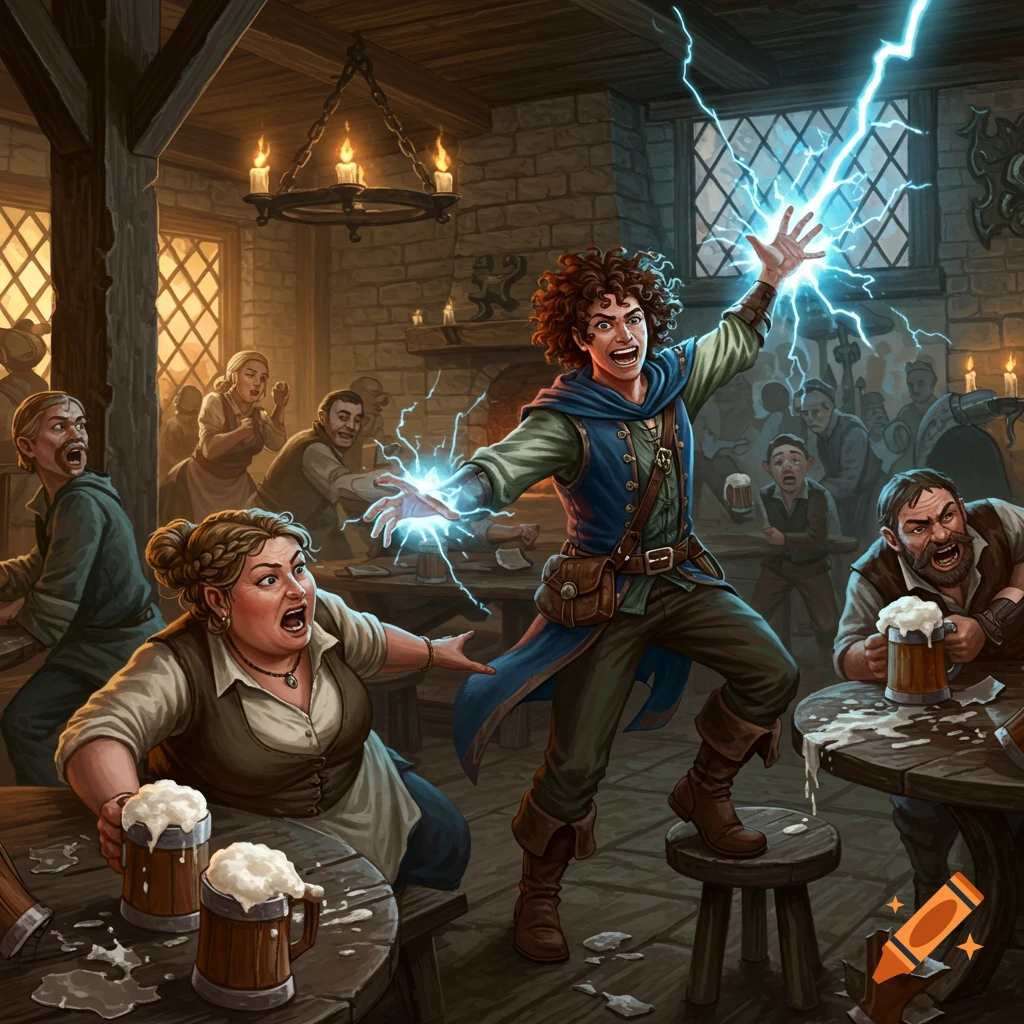 A person casts a lightning spell in a crowded tavern, startling patrons.