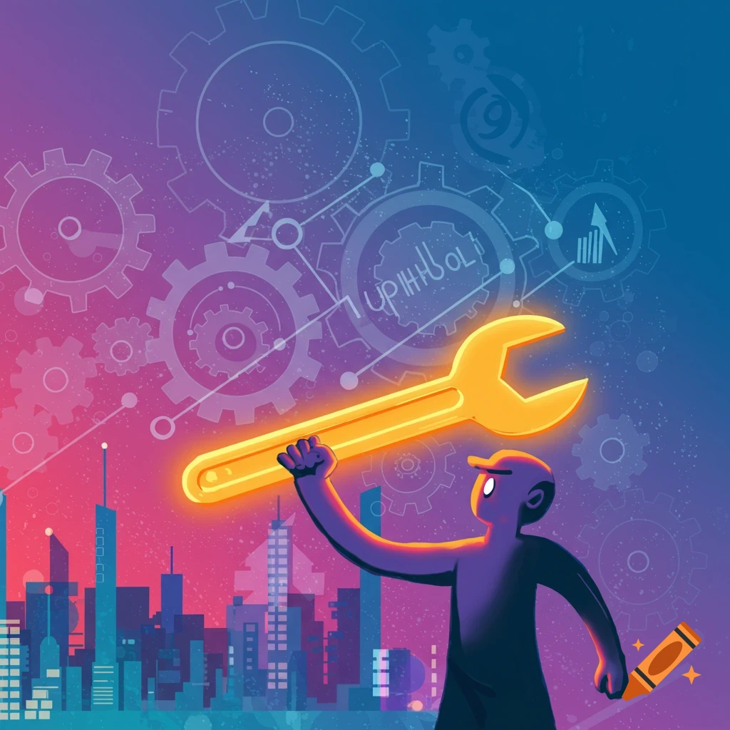 Stylized illustration of a figure holding a giant glowing wrench above a city skyline with gears in the background.