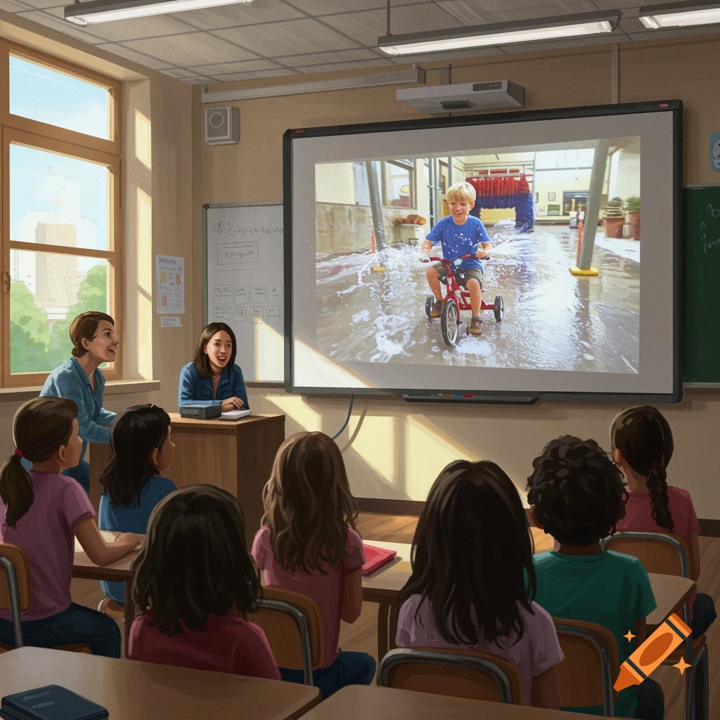 children watching a video of a child riding a tricycle through a car wash on a large screen in a classroom.