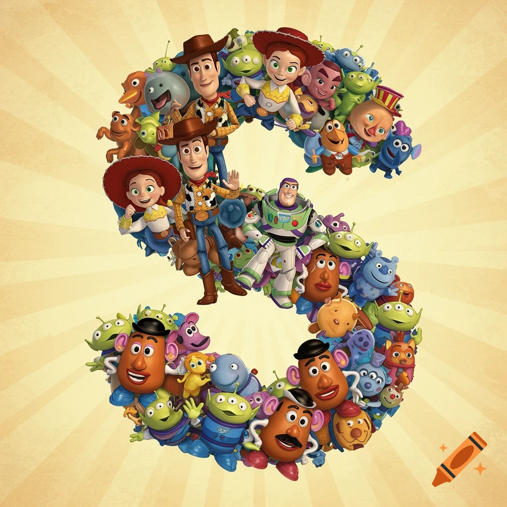 Toy Story characters like Woody, Buzz, and aliens arranged to form the letter S.