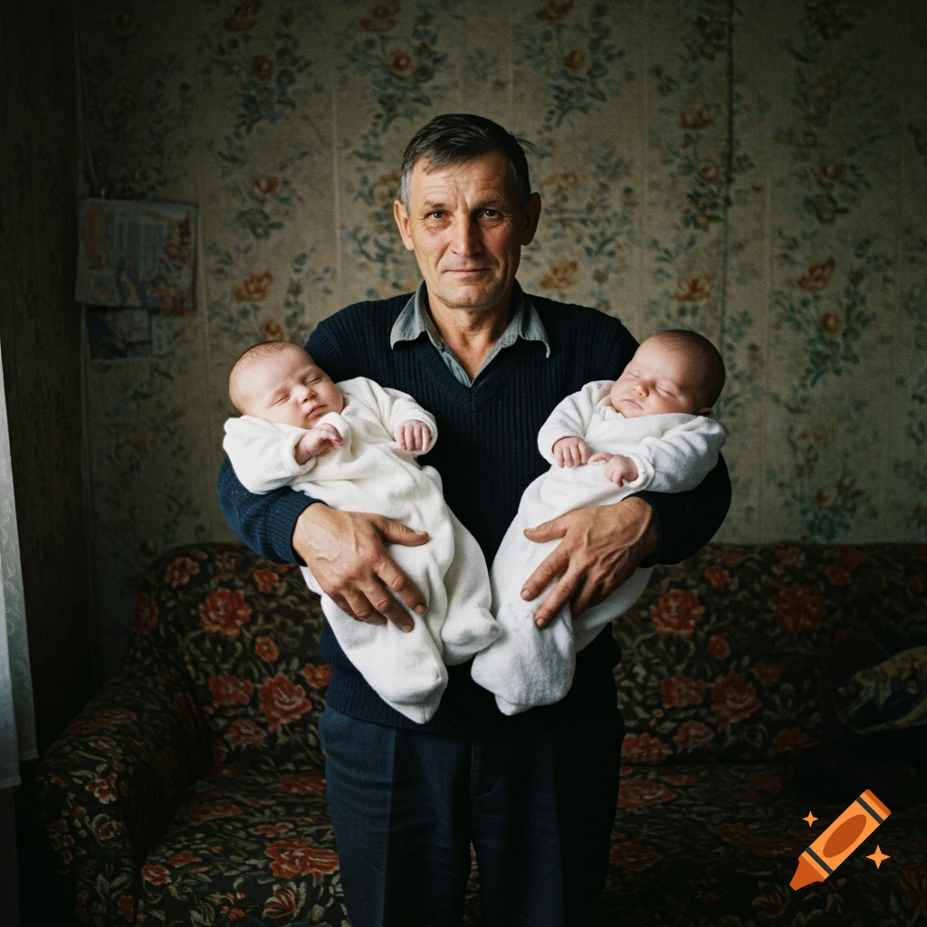 Man holding two babies in a room with floral wallpaper and sofa, vintage photo style
