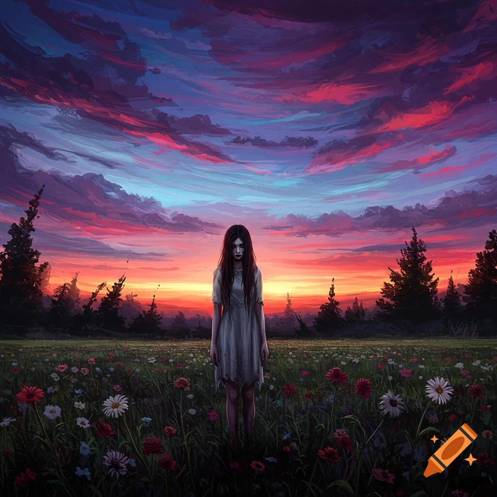 A gaunt young woman stands in a flower field at sunset.