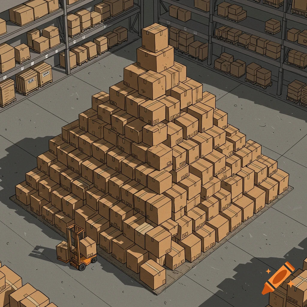 Illustrated pyramid of cardboard boxes in a warehouse, with a small forklift nearby.