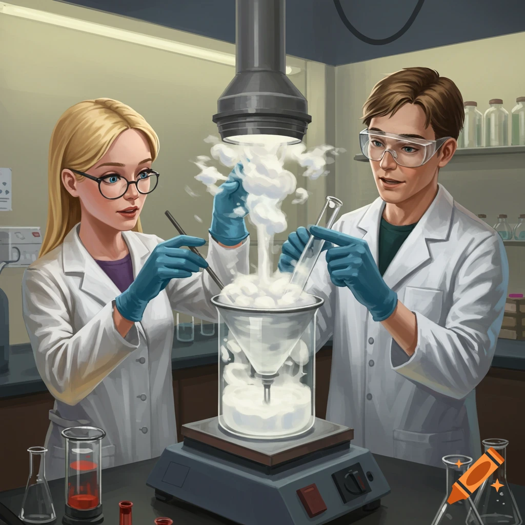 Two scientists in lab coats and gloves are working with chemicals and lab equipment under a fume hood.