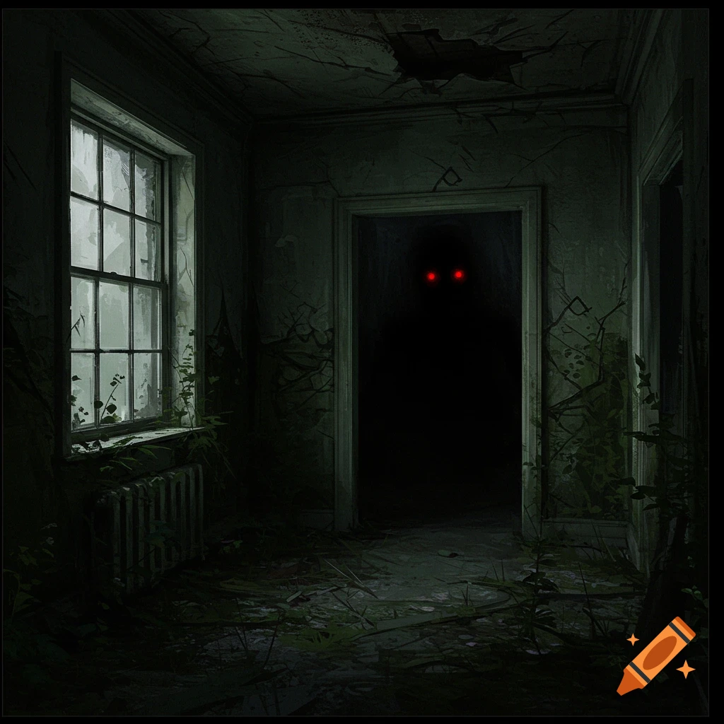 A dark, abandoned room with red eyes peering from a doorway.