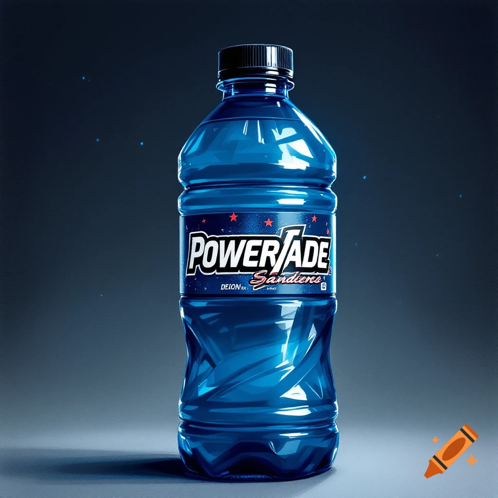 A blue Powerade bottle with 'POWERADE Sanders' label.