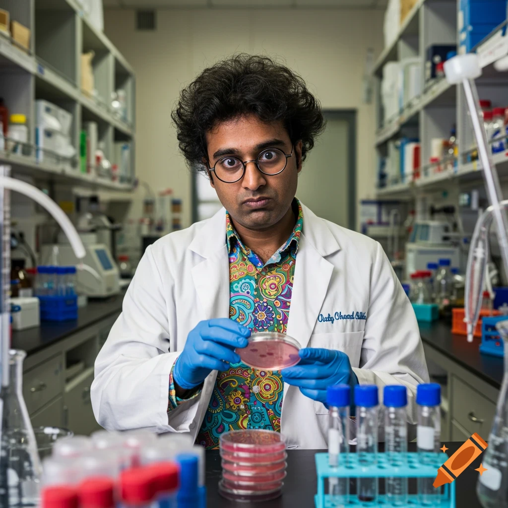 A person in a lab coat and colorful shirt holds a petri dish in a laboratory.