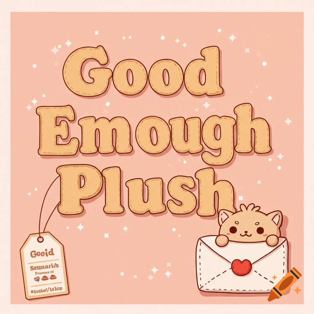 Cute stylized illustration with plush-like text "Good Enough Plush", a cat in an envelope, and a tag.