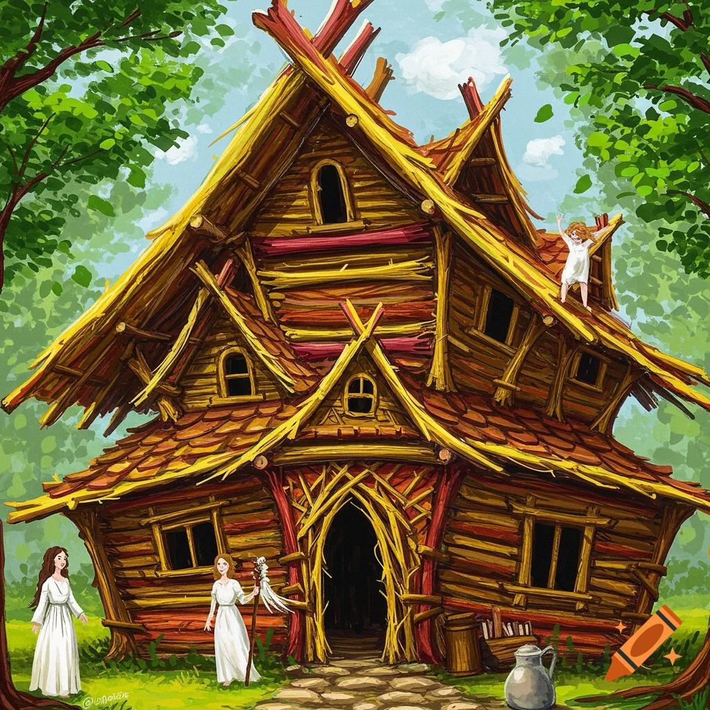 A strange, rustic house made of logs and twigs in a forest clearing, with three people nearby.